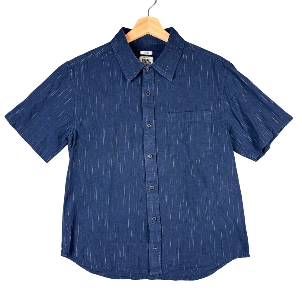 Bridge & Burn Slim Fit Short Sleeve Button Down Shirt Indigo Dobby Stripe Mens M